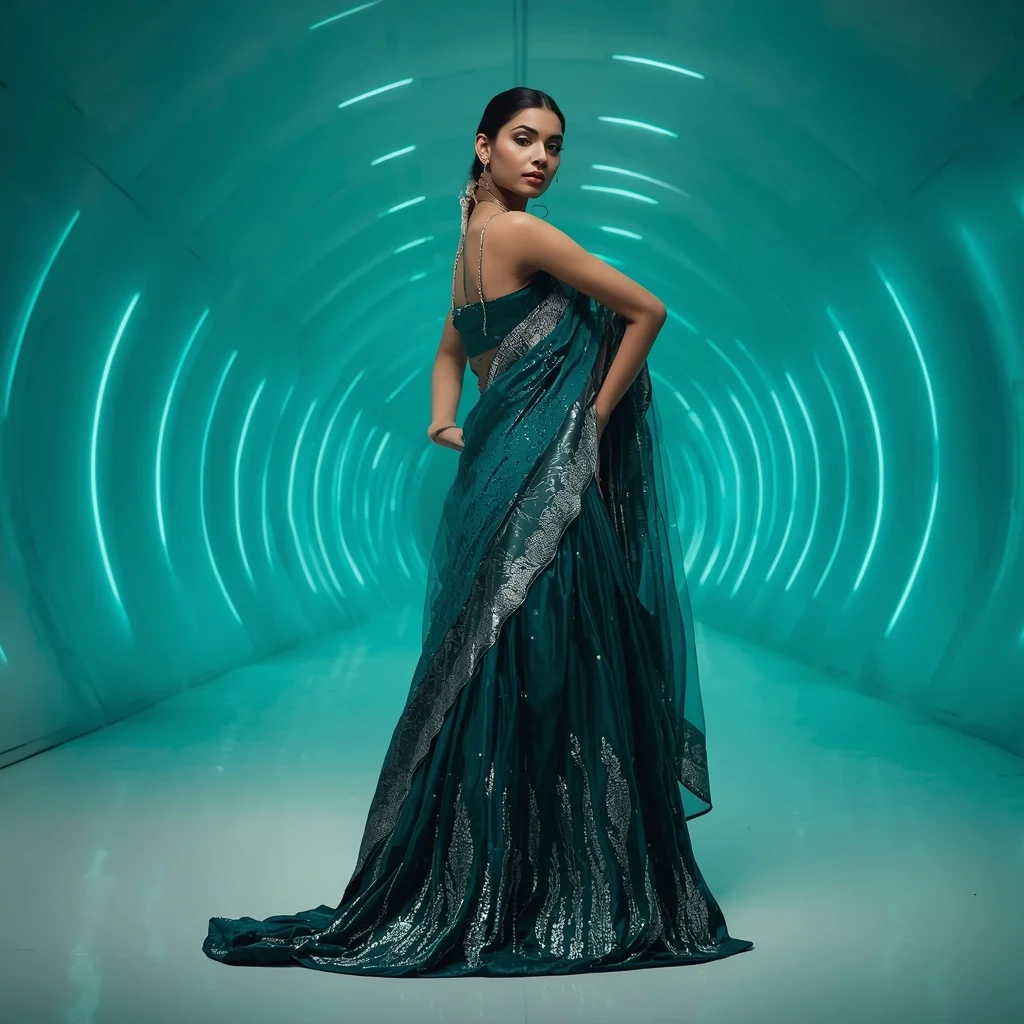 Teal Velvet and Liquid Silver Drip Saree with Endless Curved Tunnel | Gemini Photo Prompt