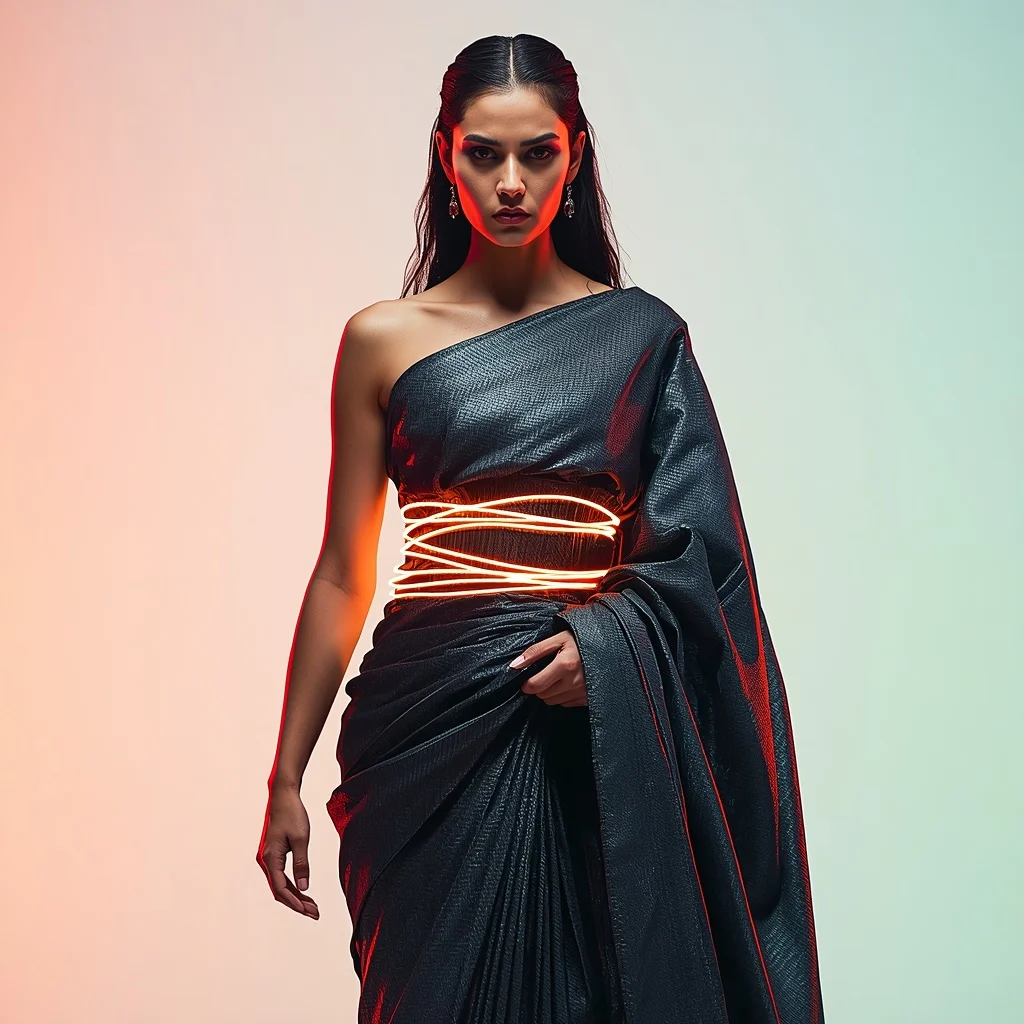 Thick Carbon Fiber Weave Saree Armor with Glowing LED Wires | Midjourney Prompt List