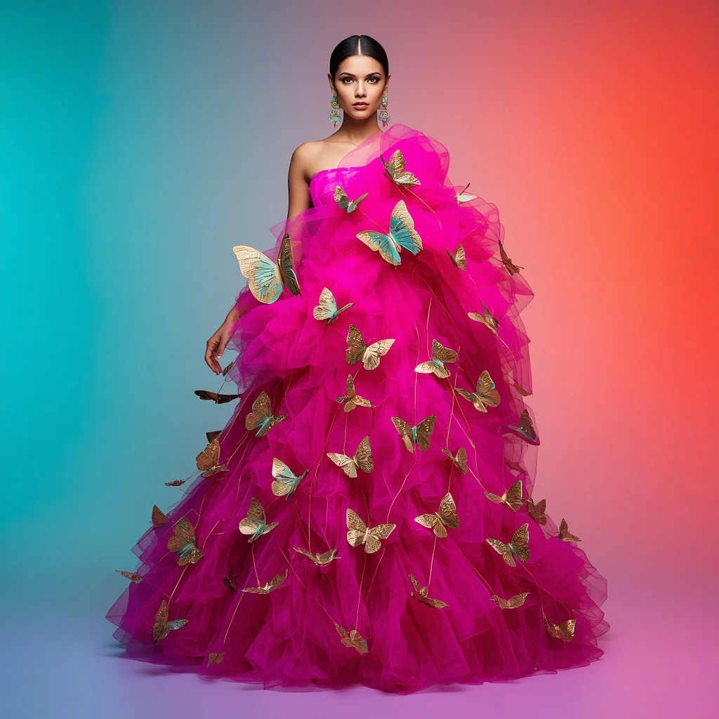 Thick Neon Magenta Tulle Saree with Massive 3D Gilded Aquamarine Butterflies | Editing Prompt Girl