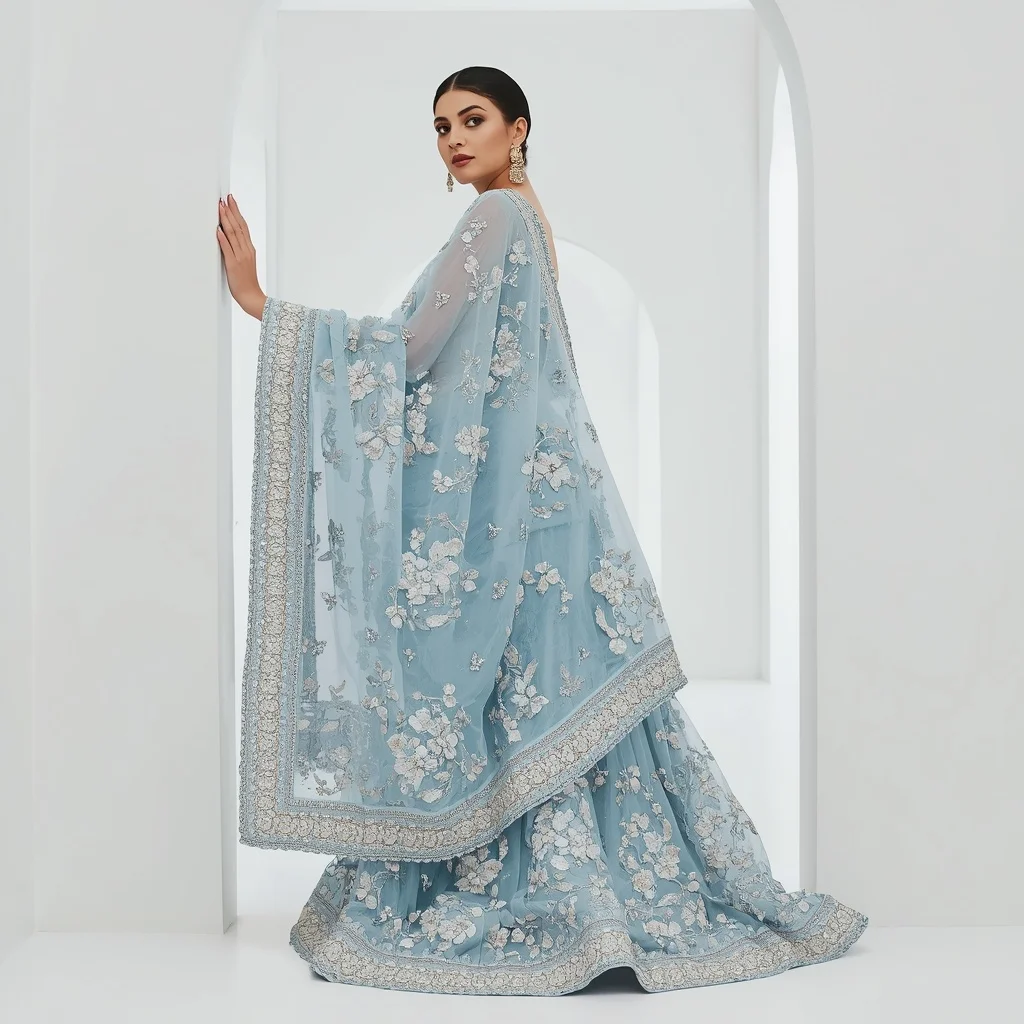 Thick Velvet Applique & Diamond Baby Blue Saree | Leaning on Arch Pose | Prompt For Traditional Look On Instagram