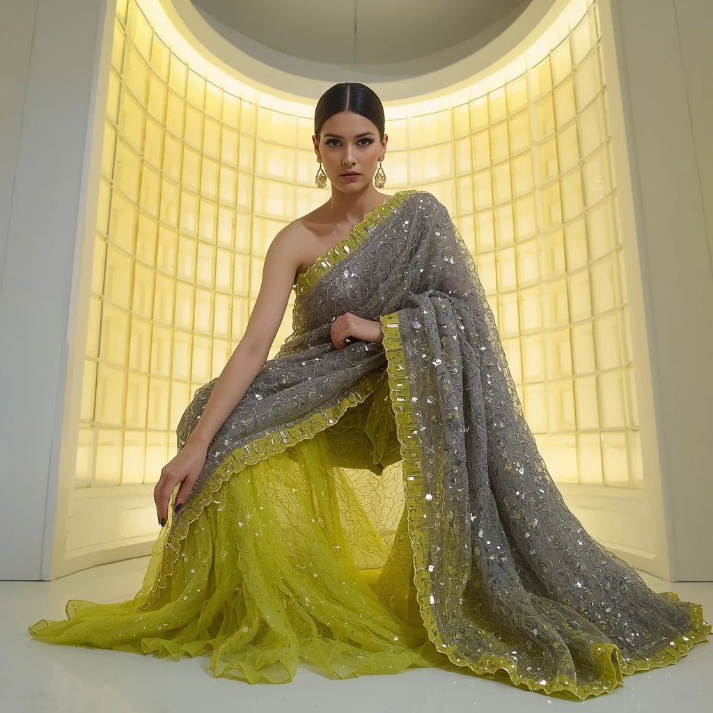 Titanium and Electric Yellow Mesh Saree with Hyper-Geometric Grid