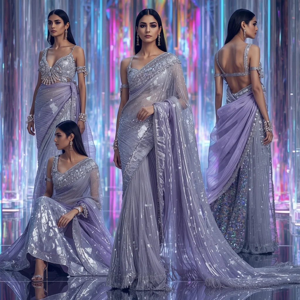 Titanium Aurora Royale Saree with Infinity Neon Crystal Empire | Gemini Ai Prompt For Girl