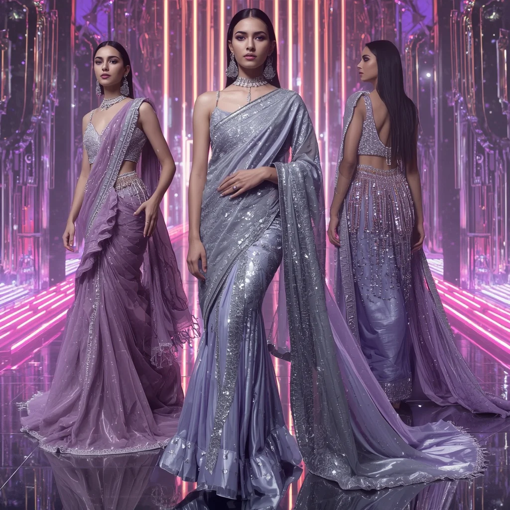 Titanium Aurora Royale Saree with Infinity Neon Crystal Fortress | Ai Gemini Prompt