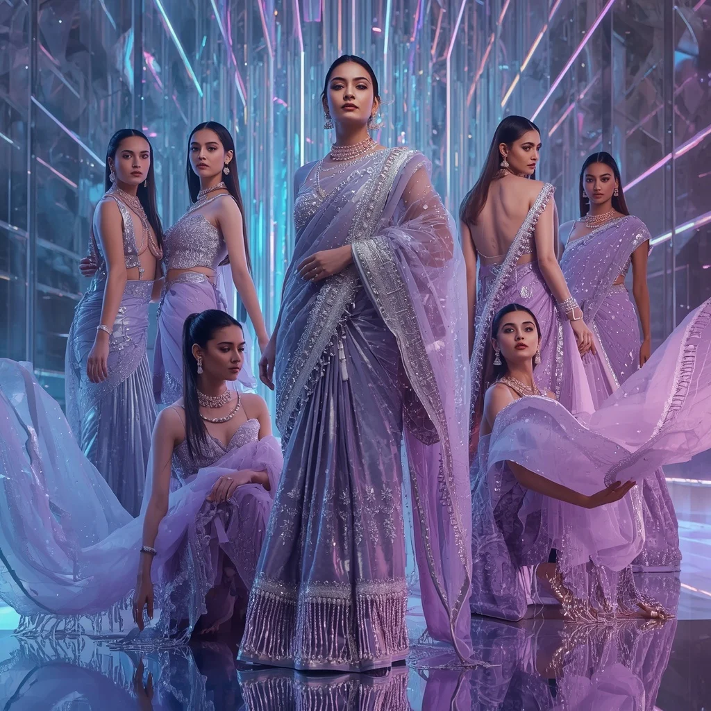 Titanium Aurora Royale Saree with Infinity Neon Orbit Crystal Fortress | ChatGPT Photo Editing Prompts Trending Instagram For Girl