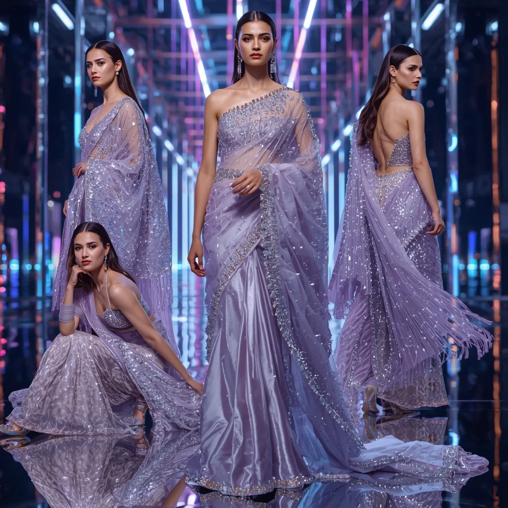 Titanium Aurora Royale Saree with Infinity Neon Orbit Galaxy Palace | Gemini Ai Photo