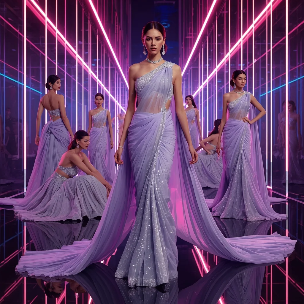 Titanium Aurora Royale Saree with Infinity Neon Orbit Hall | Cute Girl Ai Prompt