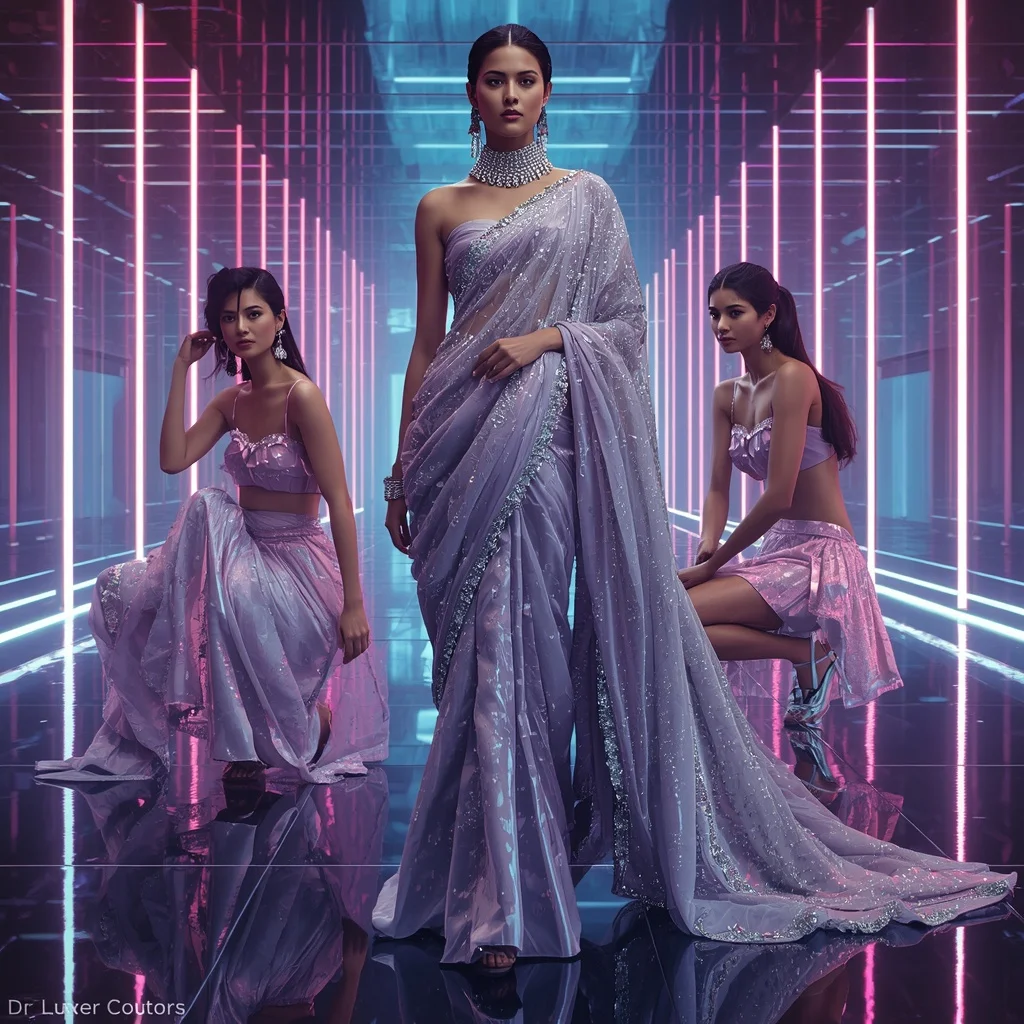 Titanium Aurora Royale Saree with Infinity Neon Orbit Hall | Hd Image Prompt