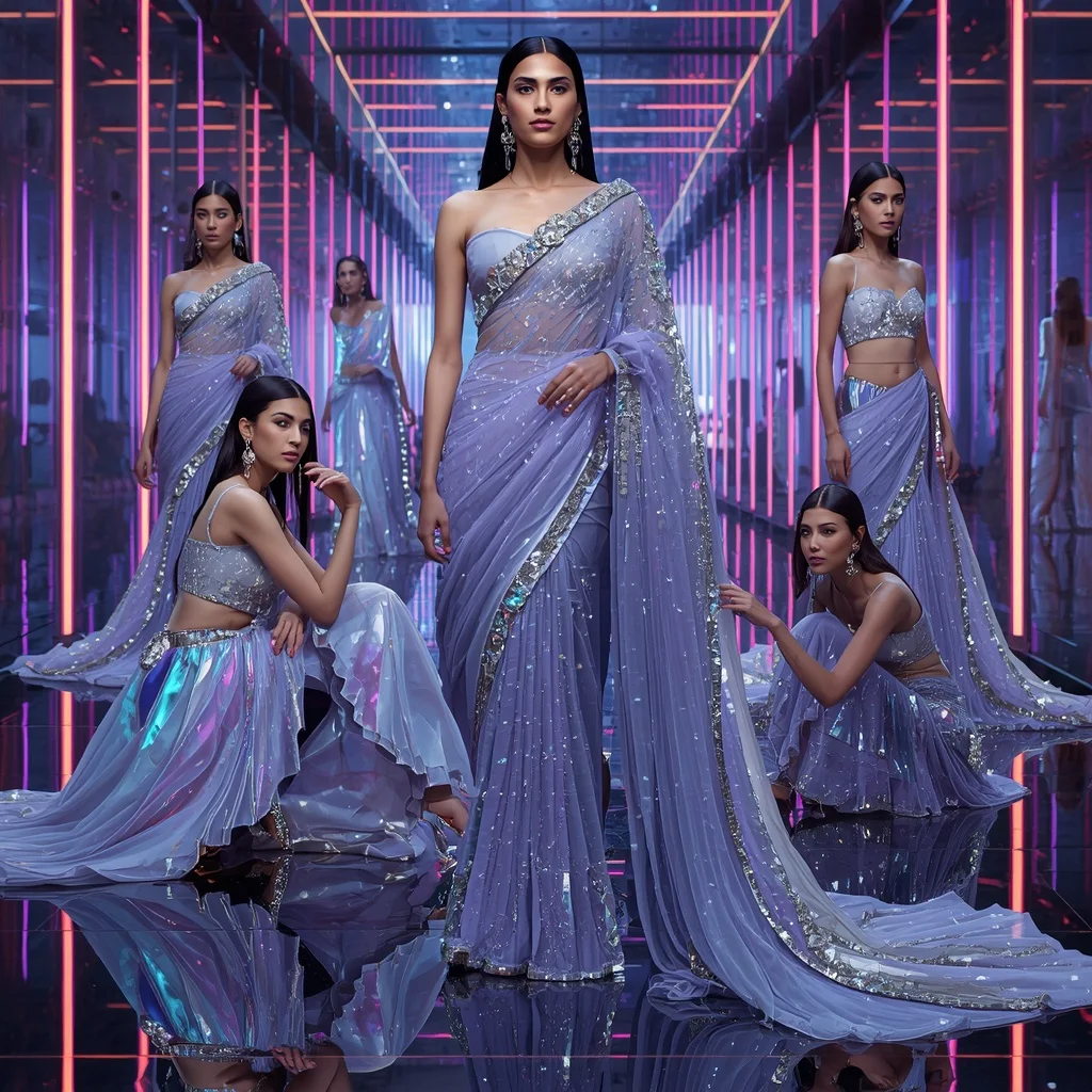 Titanium Aurora Royale Saree with Infinity Neon Orbit Hall | Instagram Model Ai Prompt