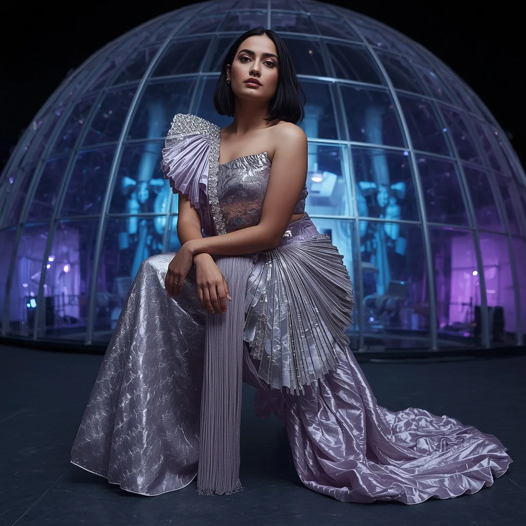 Titanium Aurora Symphony Saree with Curved Glass Neon Reflection Orbit Galaxy Dome | Ai Video Generator Prompt