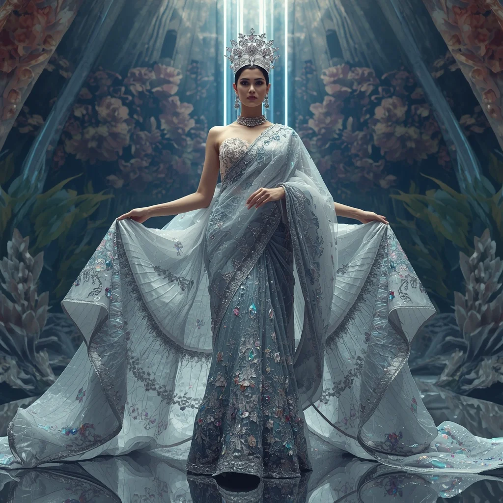 Titanium Celestial Aurora Saree with Infinite Crystal Crown Megacathedral | Motivation Ai Prompt