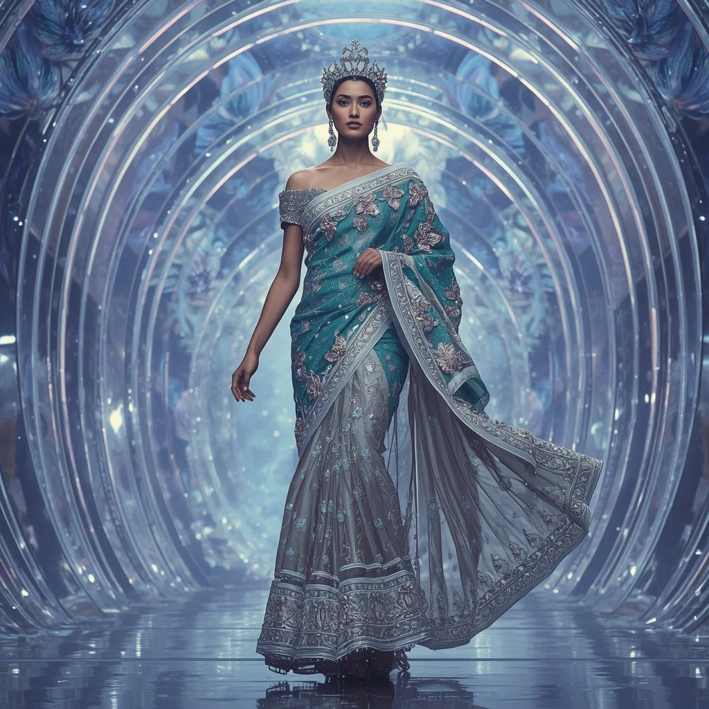 Titanium Celestial Lotus Saree with Infinite Crystal Crown Megacathedral | Secret Ai Prompt