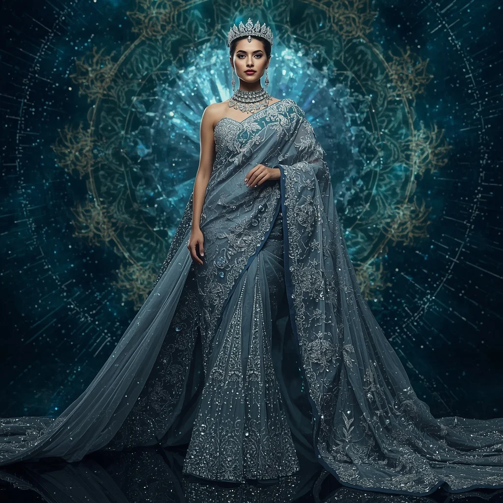 Titanium Celestial Sovereign Saree with Cosmic Crown Realms and Aurora Infinity Multiverse | Romantic Ai Prompt