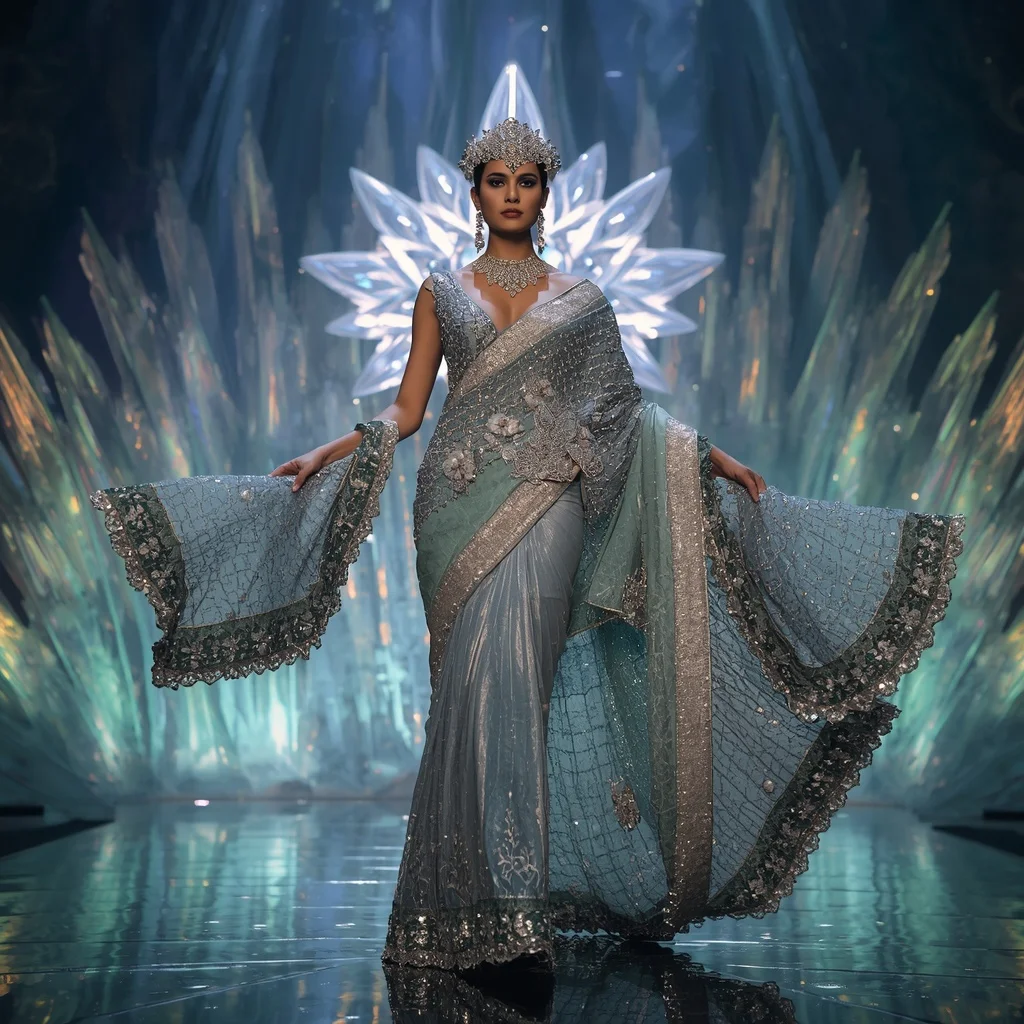 Titanium Lotus Galaxy Saree with Infinite Crystal Crown Megacathedral | New Instagram Trend Prompt For Girl Attitude