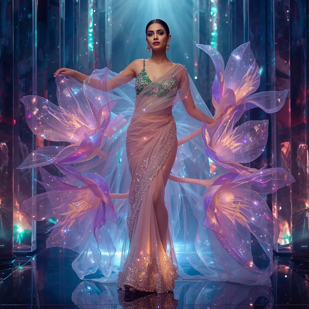 Transparent Aurora Crystal Iris Saree with Cosmic Prism Kingdom | Prompt Seen Horror Girl