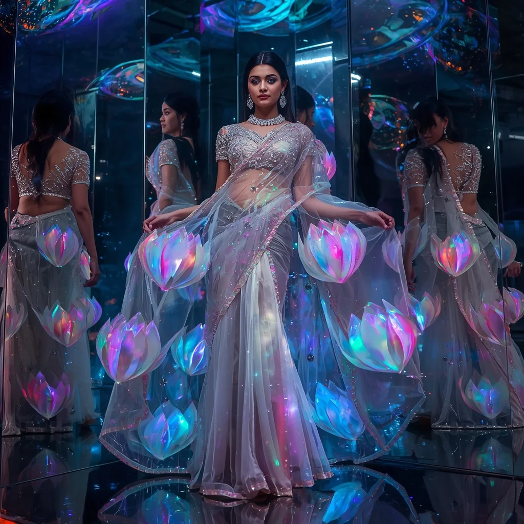Transparent Aurora Crystal Lotus Saree with Cosmic Mirror Kingdom | New Viral Prompt