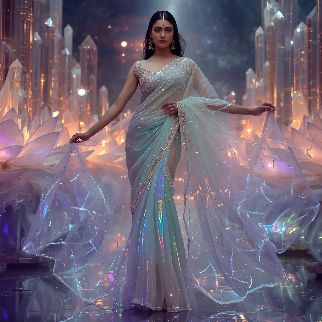 Transparent Aurora Lotus Cathedral Saree with Cosmic Crystal Empire | Ultra Realistic Ai Prompt