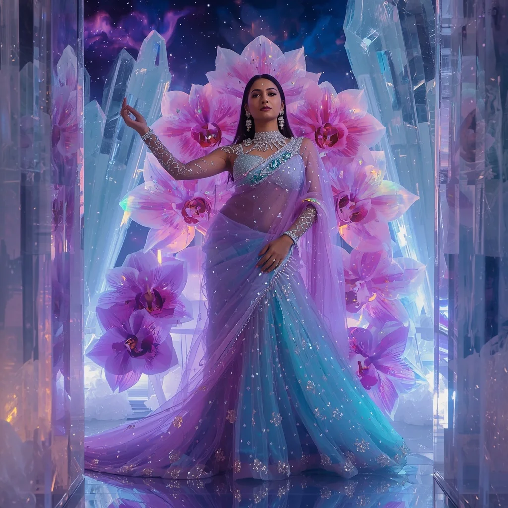 Transparent Aurora Orchid Throne Saree with Cosmic Crystal Empire | Desi Girl Ai Prompt