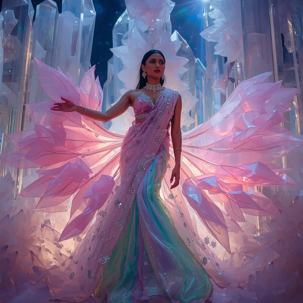 Transparent Aurora Sakura Cathedral Saree with Cosmic Crystal Kingdom | Prompt Seen Gemini Girl Instagram