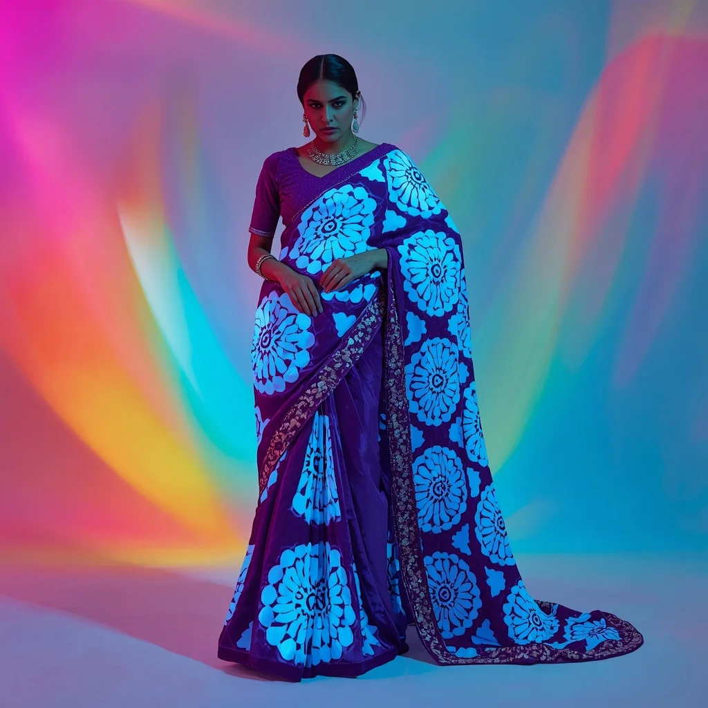 Trending Fancy Festival Saree: Amethyst Velvet with Glowing 3D Neon Cyan Mandalas | Gemini Saree Prompt