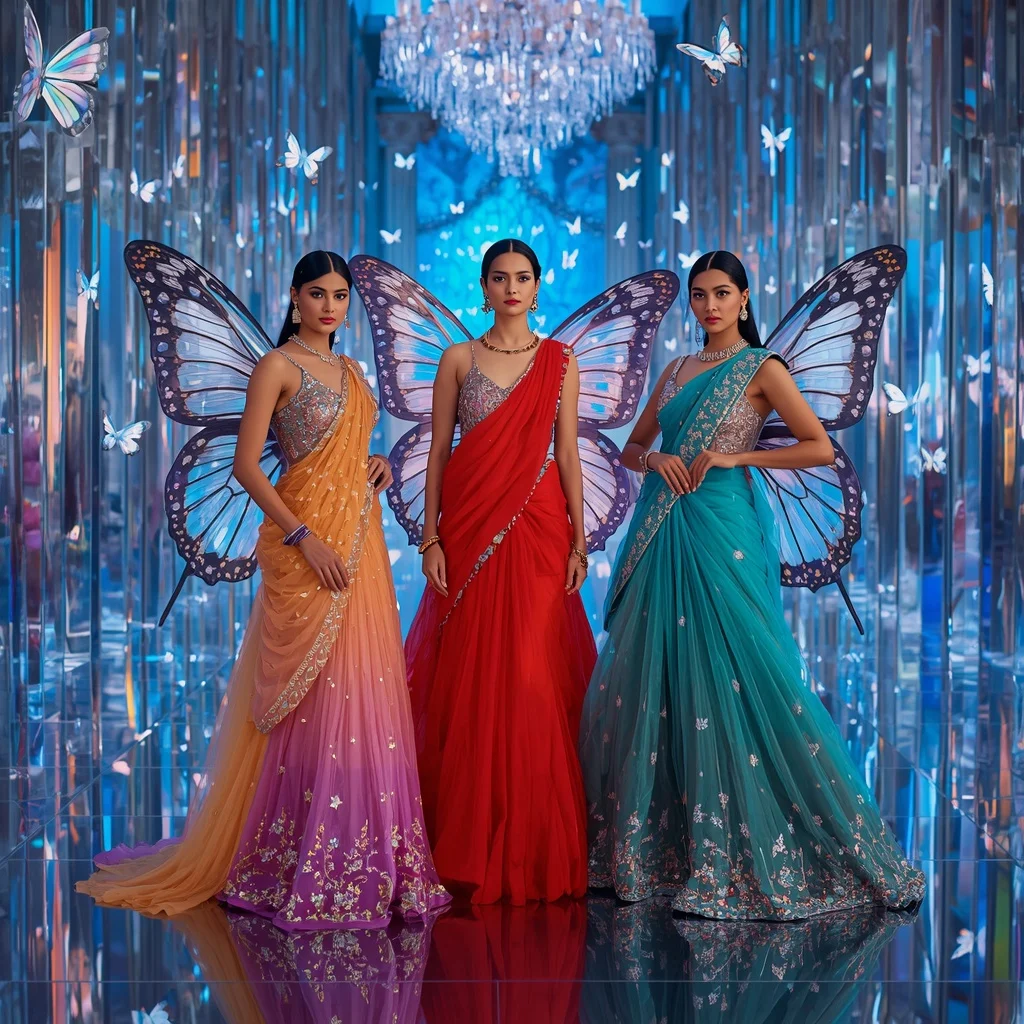 Triple Aurora Butterfly Saree Queens with Celestial Prism Palace Background | Instagram Profile Pic Ai Prompt