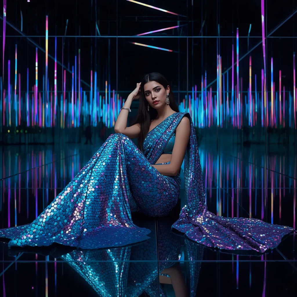 Turquoise Scale-Sequin Premium Saree on Infinity Mirror Floor | New Instagram Trend Prompt For Girl Attitude