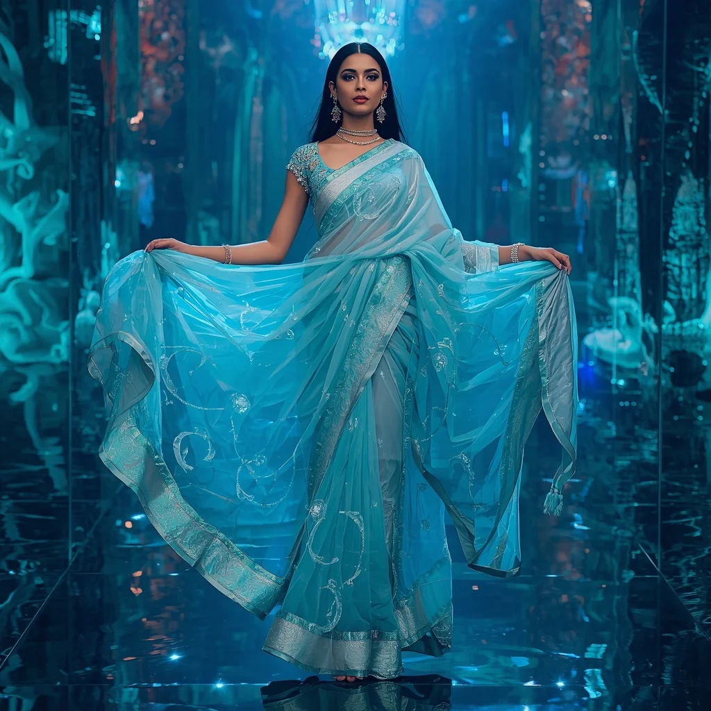 Ultra Luxury Aqua Aurora Crystal Saree with Floating Circular Editorial Walk and Water Reflection Palace Background | Ai Girl Image Prompt