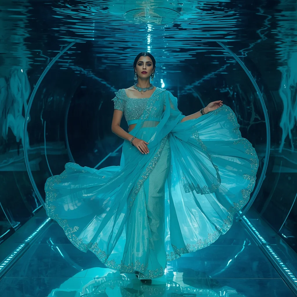 Ultra Luxury Aqua Aurora Saree with Floating Circular Editorial Spiral and Water Reflection Tunnel Background | Prompt Seen Girls AI Photo Editing
