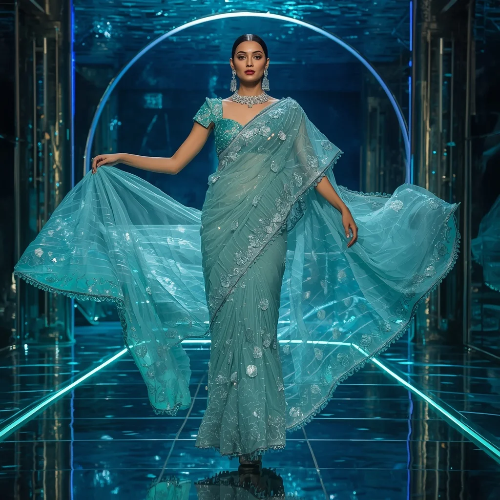 Ultra Luxury Aqua Moonwave Saree with Floating Circular Editorial Walk and Water Reflection Palace Background | Best Ai Prompt 2026