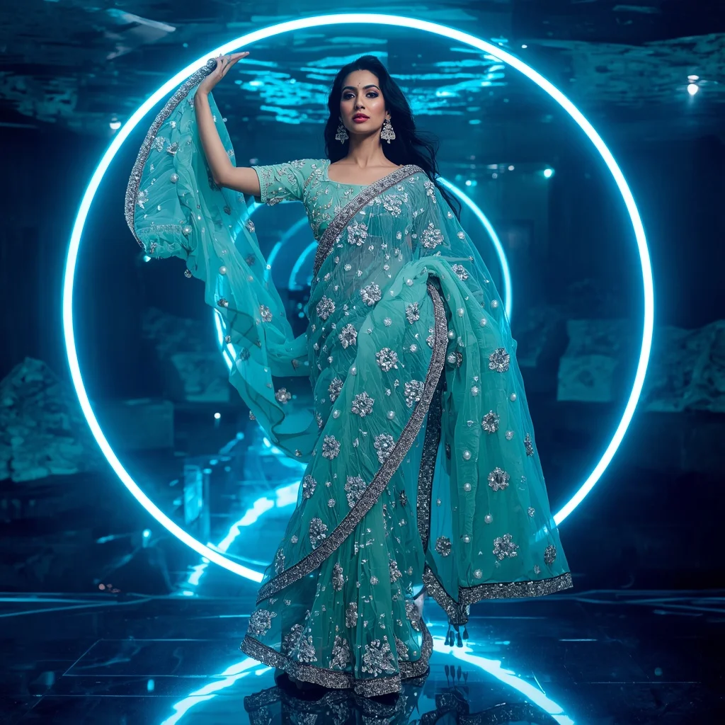 Ultra Luxury Aqua Pearl Crystal Saree with Floating Circular Editorial Curl and Water Reflection Ring Background | Woman Pose Ai Prompt