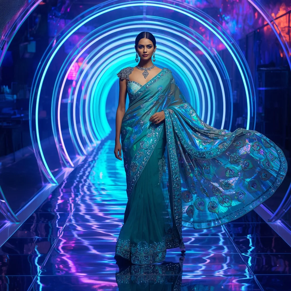 Ultra Luxury Celestial Peacock Saree with Floating Diamond Editorial Walk and Giant Neon Peacock Reflection Tunnel Background | Free Ai Prompt