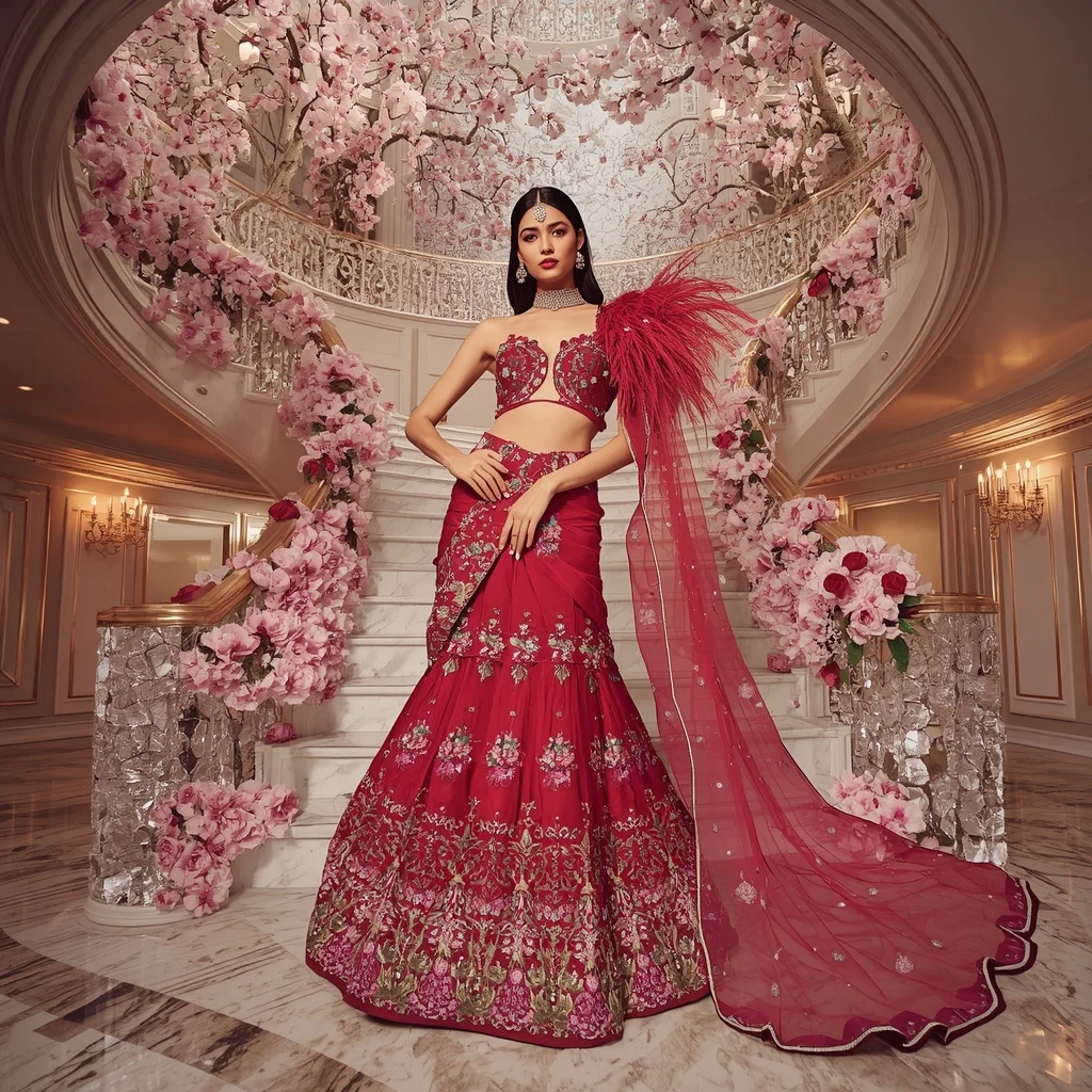 Ultra Luxury Crystal Cherry Peacock Saree Couture with Floating Floral Diamond Palace Background | New Instagram Trend Prompt For Girl Love Copy And Paste