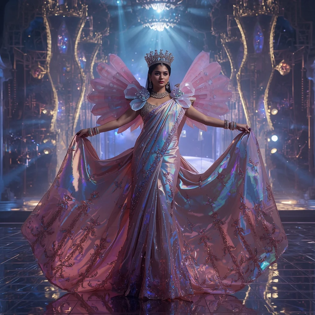 Ultra Luxury Crystal Infinity Festival Crown Saree with Eternal Multiverse Palace | Copy Paste Ai Prompt
