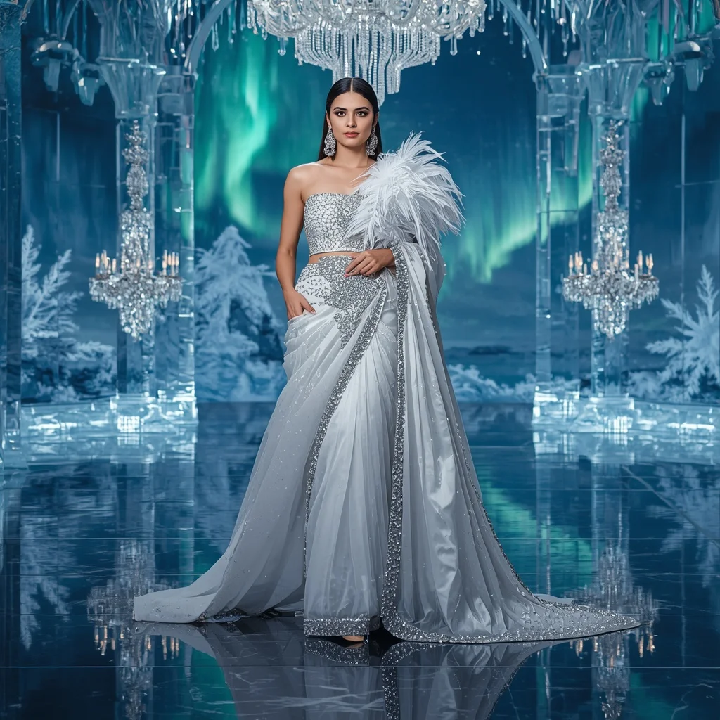 Ultra Luxury Crystal Polar Swan Saree Couture with Frozen Aurora Palace Background | Female Model Ai Prompt