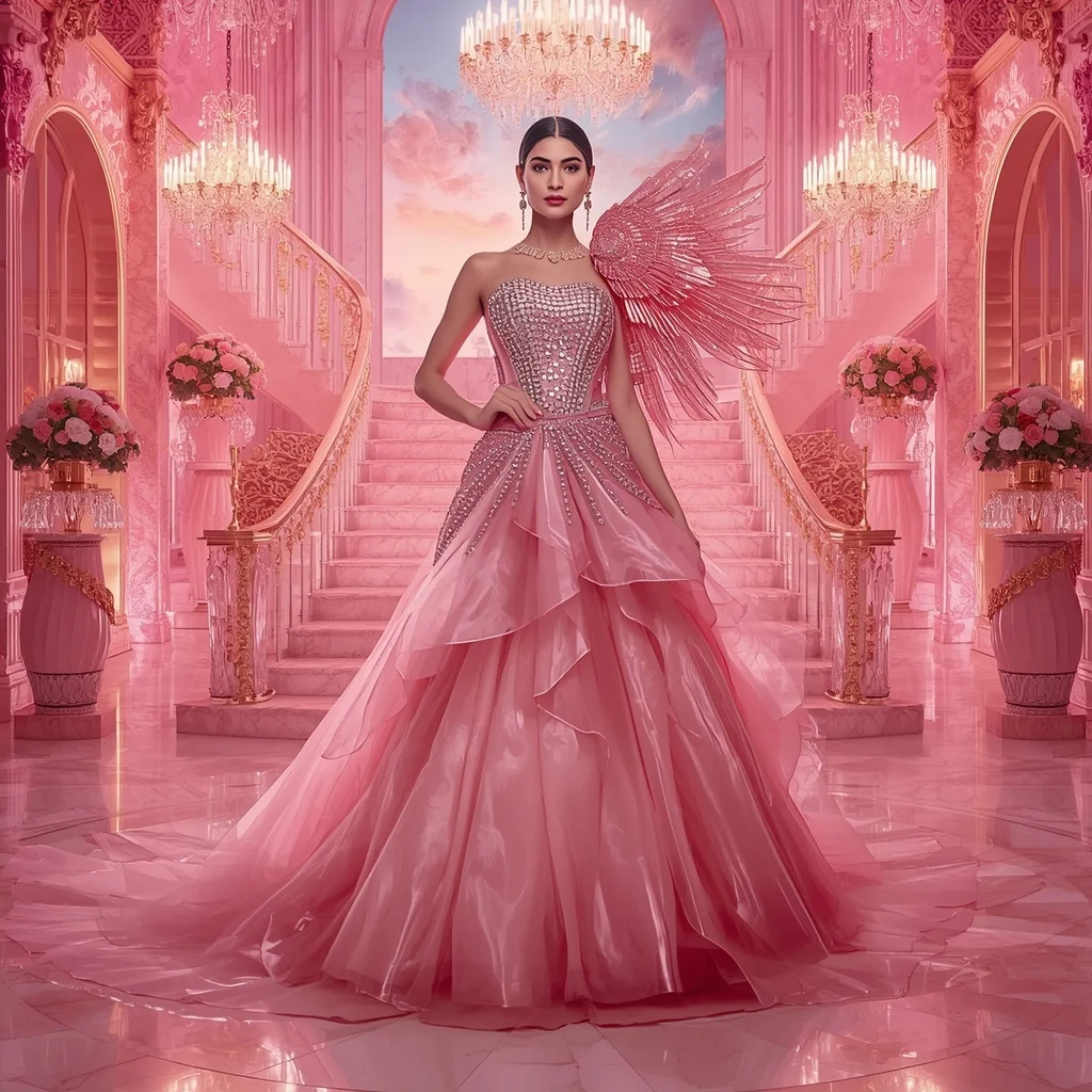 Ultra Luxury Crystal Royal Flamingo Saree Couture with Pink Diamond Sky Palace Background | Indian Girl Ai Prompt