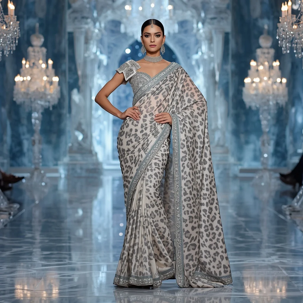 Ultra Luxury Crystal Snow Leopard Maharani Saree Couture with Frozen Diamond Kingdom Background | Stable Diffusion Prompt