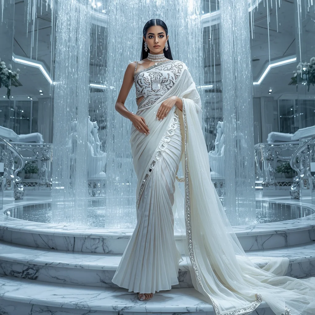Ultra Luxury Crystal White Tiger Empress Saree Couture with Floating Diamond Waterfall Palace Background | Instagram Post Ai Prompt
