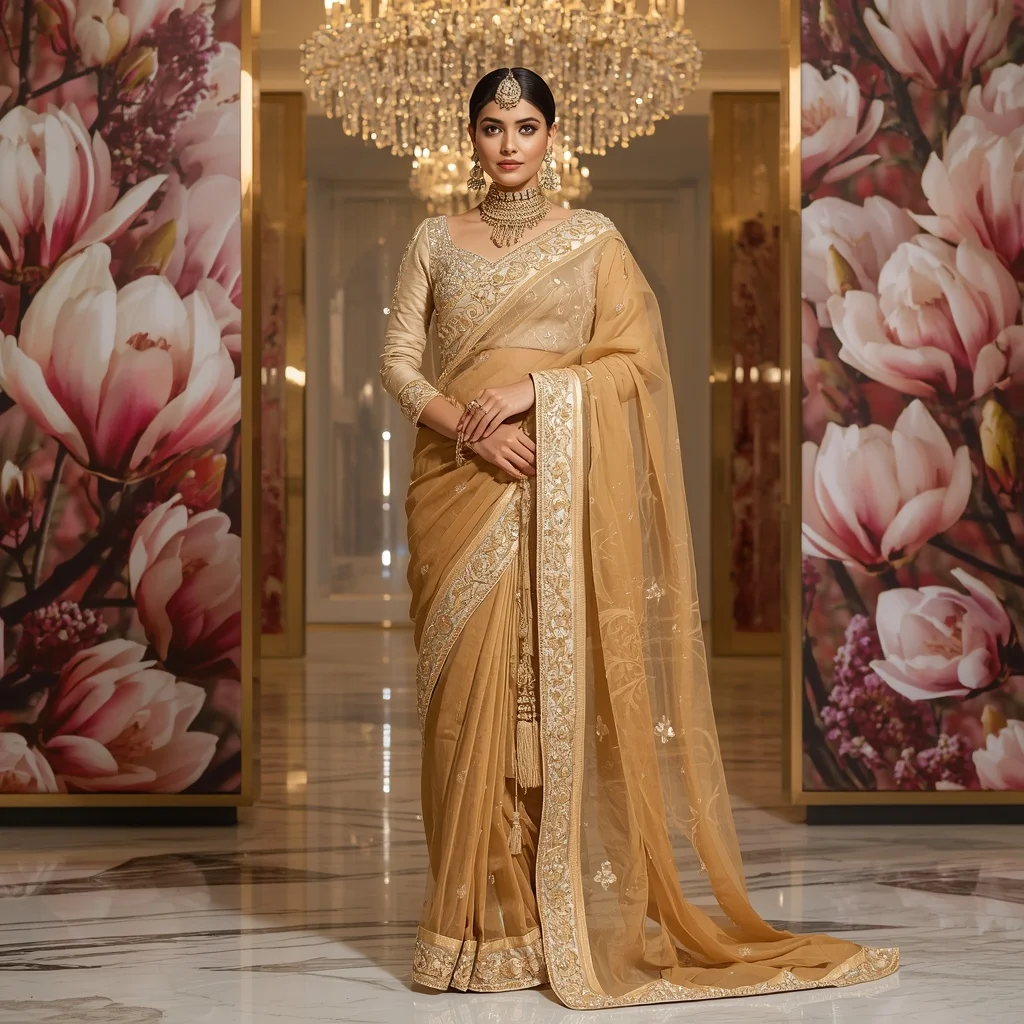 Ultra Luxury Golden Magnolia Crown Saree with Floral Crystal Citadel Background | Prompt Seen Trending Girl 2026 Chatgpt