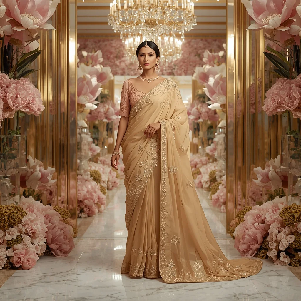 Ultra Luxury Golden Magnolia Empress Saree with Floral Crystal Paradise Background | New Instagram Trend Prompt For Girl Love Copy And Paste