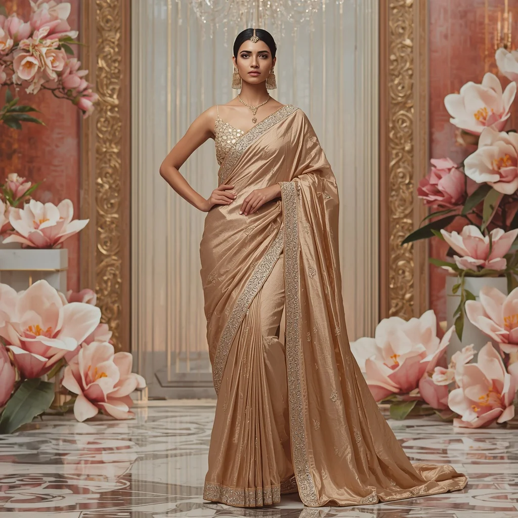 Ultra Luxury Golden Magnolia Samragyi Saree with Floral Crystal Empire Background | Prompt For Gemini AI Girl Style Trending Indian