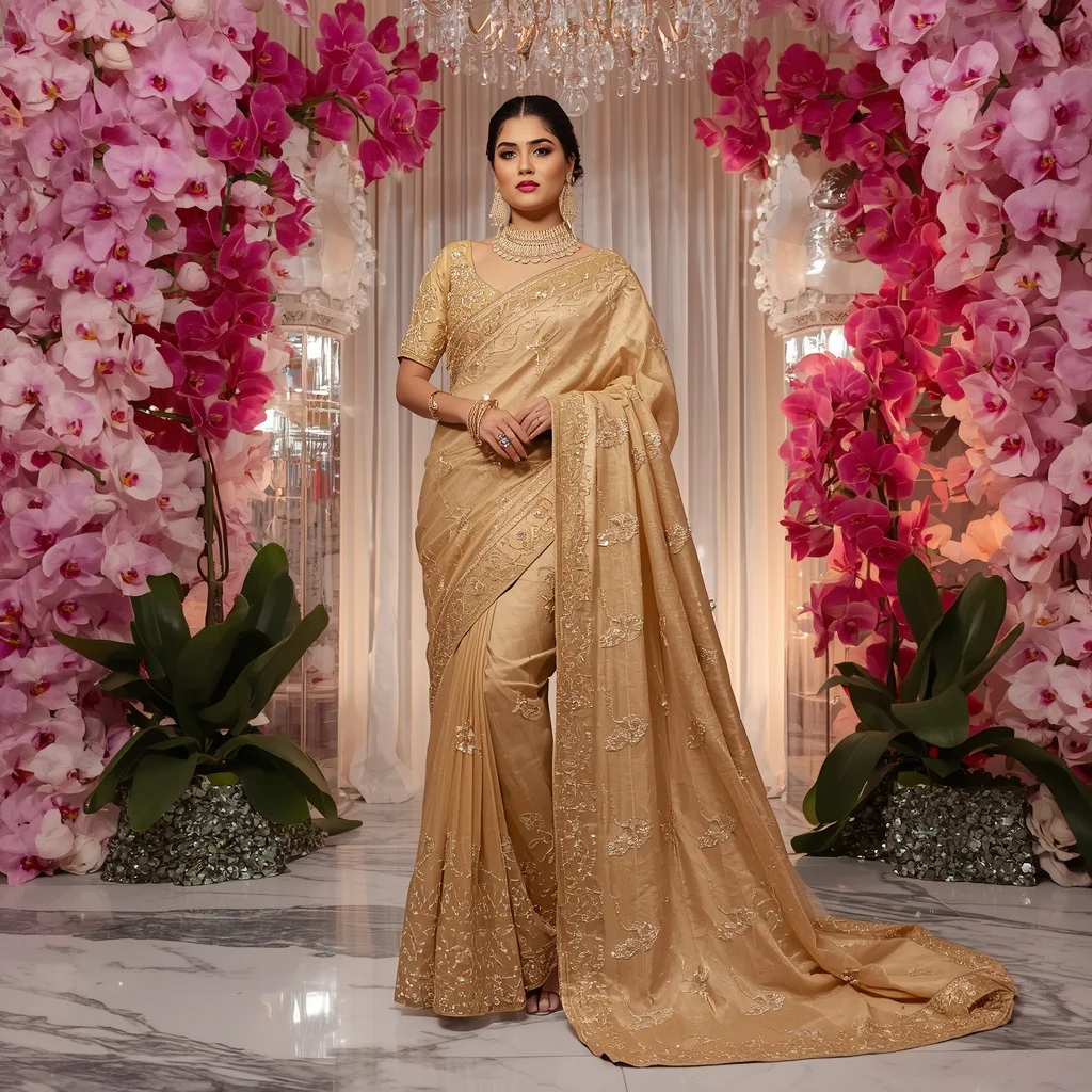 Ultra Luxury Golden Orchid Queen Saree with Floral Crystal Empire Background | Cinematic Ai Prompt