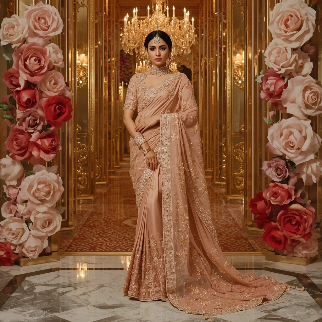 Ultra Luxury Golden Rose Samragyi Saree with Floral Crystal Palace Background | Gemini Ai Photo Prompt