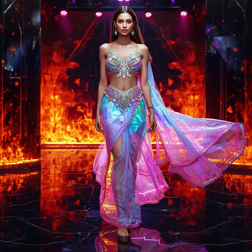 Ultra Luxury Neon Crystal Saree with Sharp Editorial Air Walk and Fire Reflection Dome Background | Girls Trending Prompt Gemini Instagram