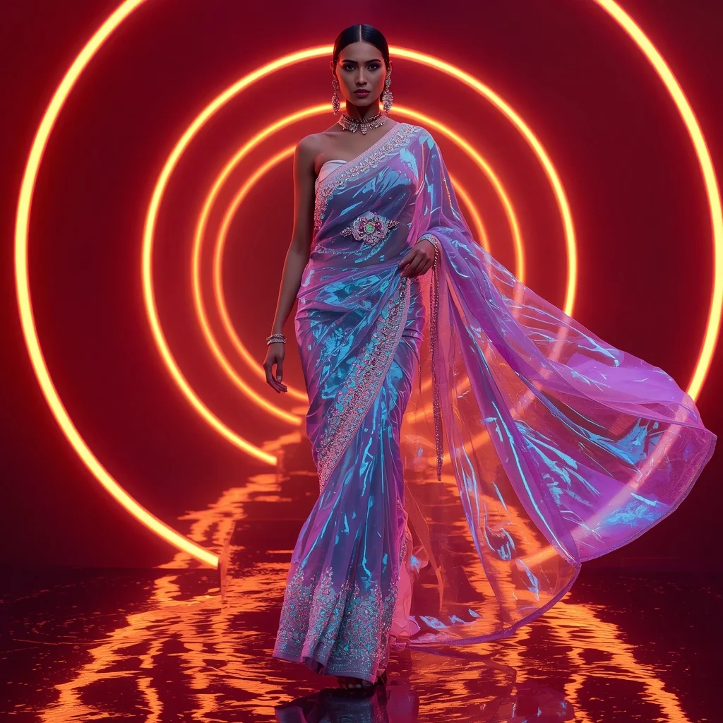 Ultra Luxury Neon Crystal Saree with Sharp Editorial Spiral Walk and Fire Reflection Ring Background | Female Model Ai Prompt