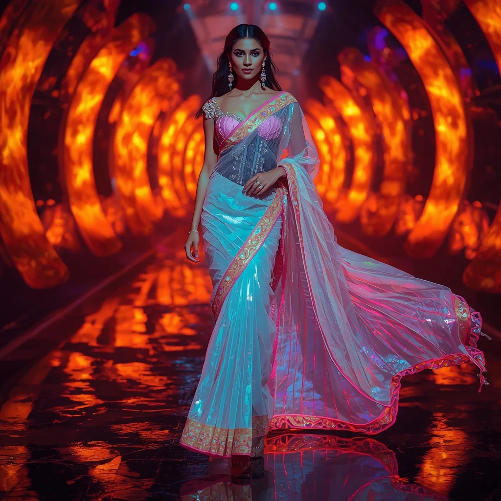 Ultra Luxury Neon Crystal Saree with Sharp Editorial Spiral Walk and Fire Reflection Tunnel Background | Instagram Girl Gemini Prompt