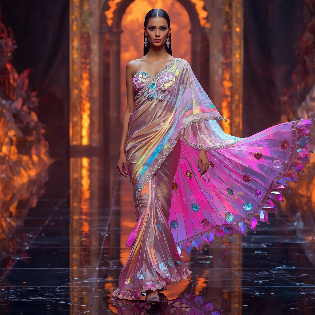 Ultra Luxury Neon Prism Saree with Sharp Editorial Spiral Walk and Fire Reflection Palace Background | Gemini Ai Photo Prompt