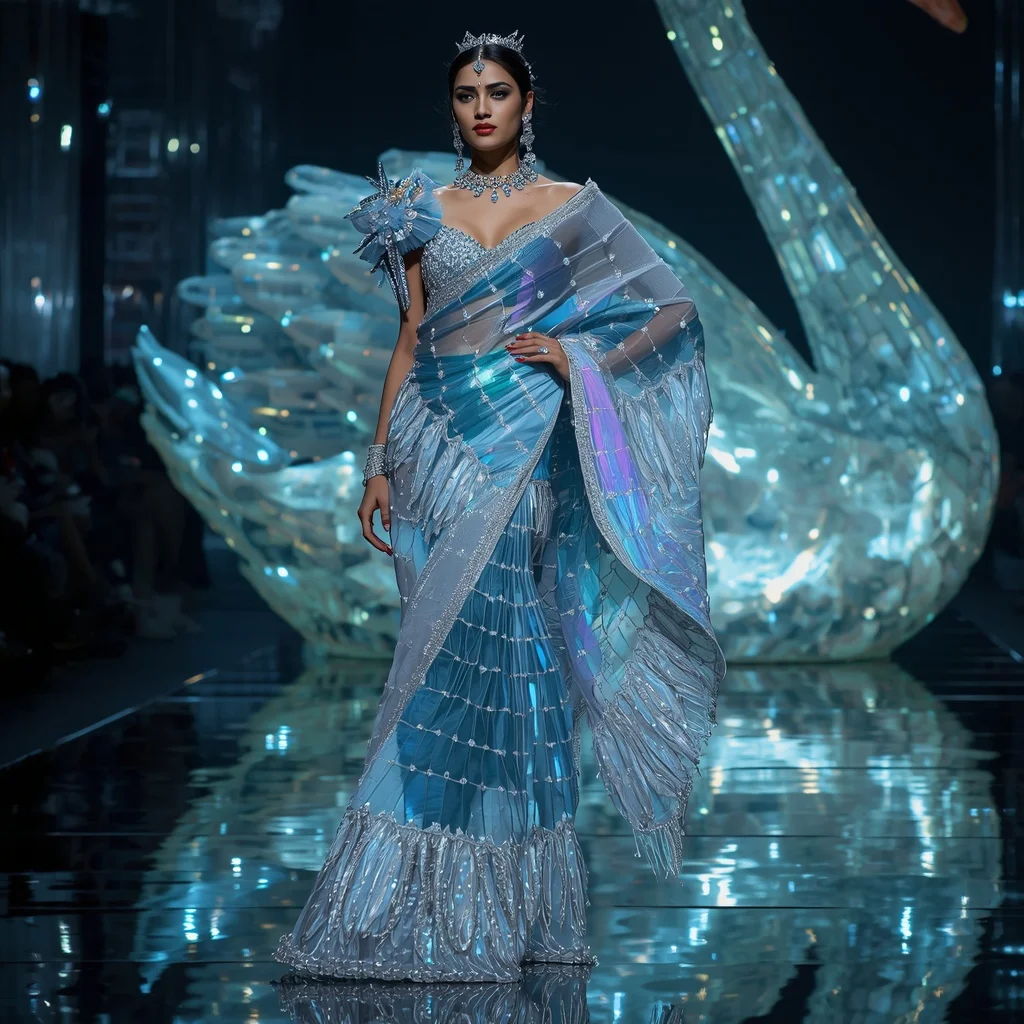 Ultra Luxury Neon Swan Crystal Saree with Floating Editorial Spiral Walk and Giant Glass Swan Reflection Palace Background | Prompt Seen Gemini Girl Instagram