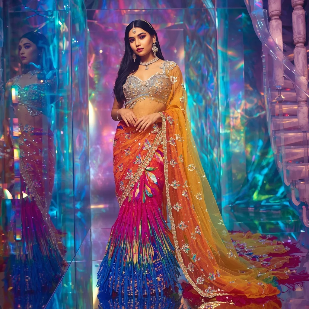 Ultra Luxury Rainbow Crystal Firebird Saree with Prism Fantasy Kingdom Background | Cute Ai Prompt