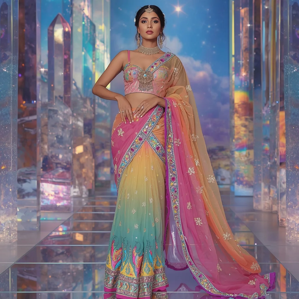 Ultra Luxury Rainbow Crystal Griffin Saree with Prism Fantasy Empire Background | Face Ai Prompt