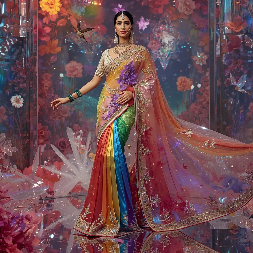 Ultra Luxury Rainbow Crystal Hummingbird Saree with Prism Floral Kingdom Background | Prompt Seen Horror Girl