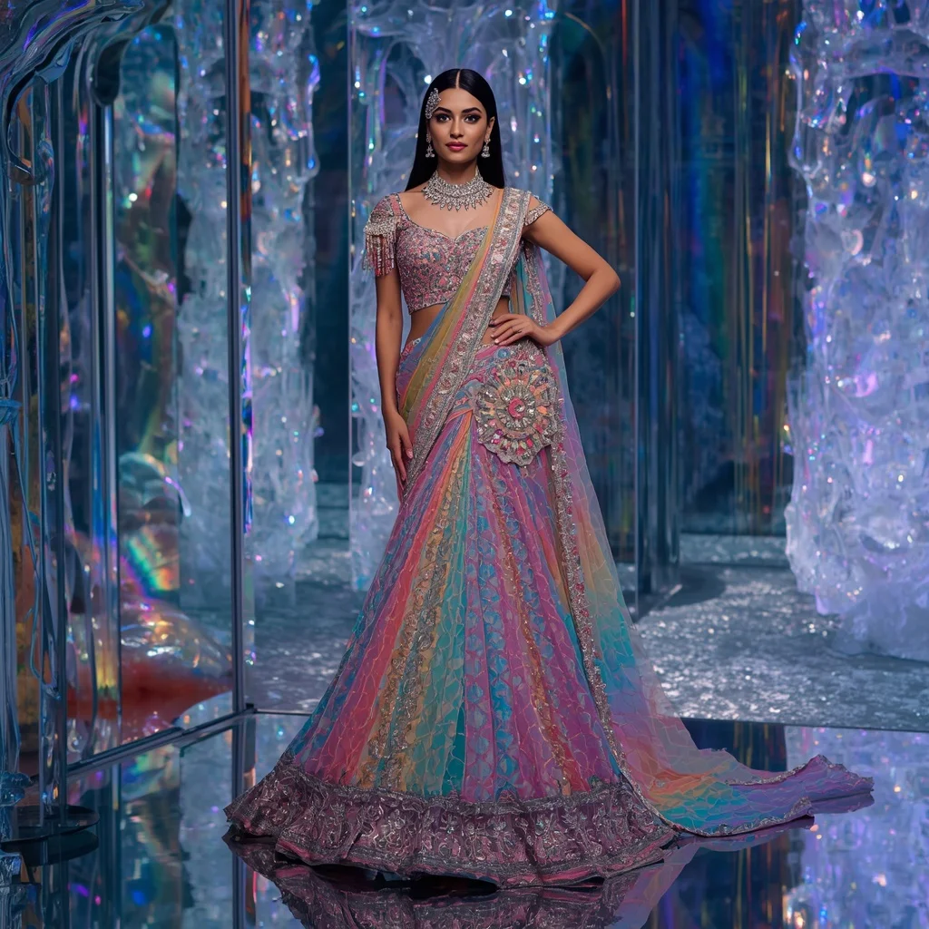 Ultra Luxury Rainbow Crystal Mermaid Saree with Prism Ocean Kingdom Background | Prompt For Gemini AI Girl Style Trending Indian